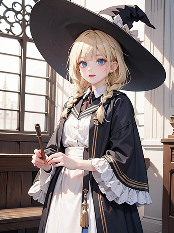 masterpiece, highest quality, Very detailed, 16k, Ultra-high resolution、Cowboy Shot, One 14-year-old girl, Detailed face, Perfect Fingers, blue eyes, Blonde, Braid, Pointed hat, Witch Robe,  Great Temple, Cathedral, Many believers, Stand in the center of the screen