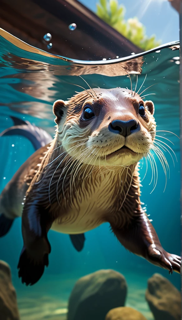 (best quality,4k,8k,highres,masterpiece:1.2),ultra-detailed,(realistic,photorealistic,photo-realistic:1.37),absurde, RAW photo, highly detailed, masterpiece, illustration, an otter swimm under water, fast swimm, dynamic angle, world masterpiece theater, ink, Amazing, cinematic lighting, lens_flare, dunhuang_style