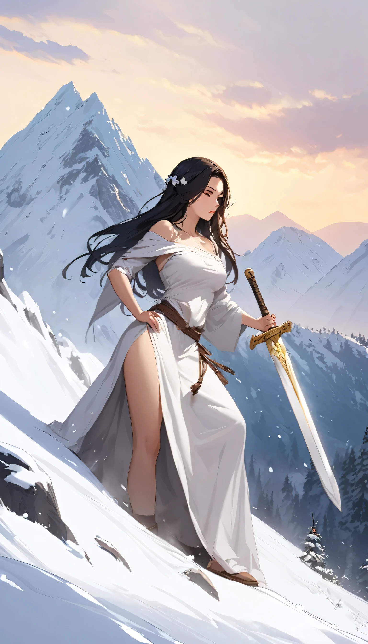 Draw the Sword of Snowy Mountain, Ancient women&#39;s cold ice flame sword, A sword blazing with blue flames in hand, A sword in white dancing in the snow, long hair fluttering, Beautiful woman holding a silver sword, Wearing jade jewelry, Her face is full of a confident smile, She&#39;s floating in the clouds like a fairy, Behind her is a mountain々There are layers of