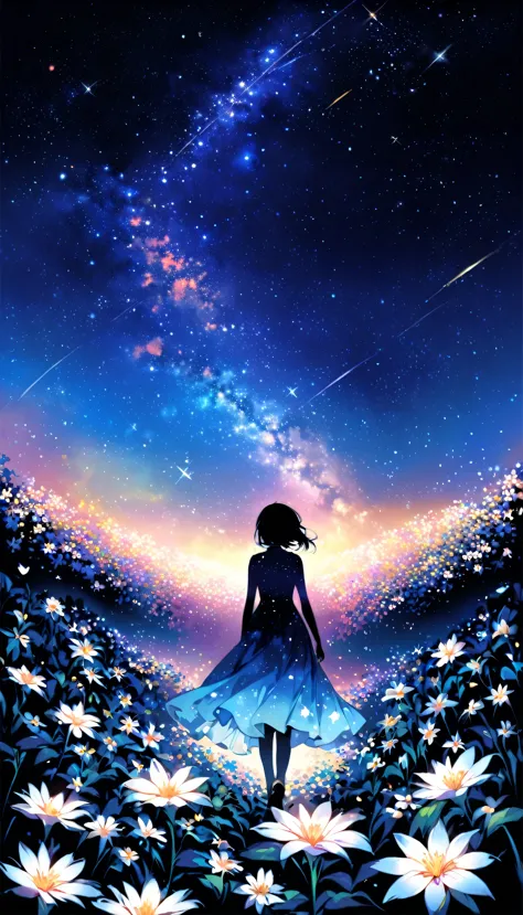 There is a girl Standing in a flower field looking up at the sky, a girl Standing in a flower field, Girl walking in a flower fi...