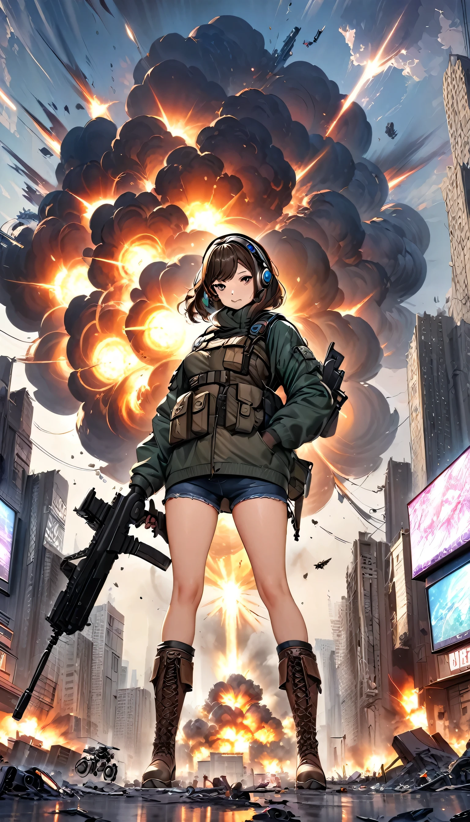 ((high quality)), ((masterpiece)), 8k, Two Girls, Bulletproof vest, light, Highly detailed CG Unity 8k wallpaper, Game CG, View your viewers, gloves, boots, whole body, clock, computer, mask, Drone, Have a weapon, Headphones, Jacket, (Background Destroyed city , explosion , cigarette