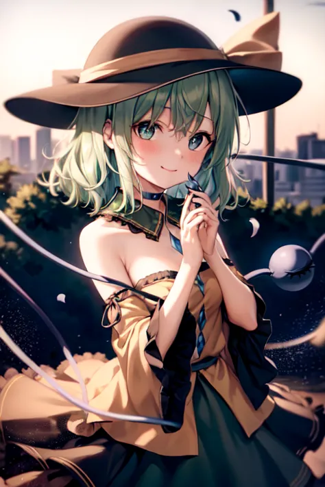 masterpiece, best quality, 1girl, solo, green eyes, komeiji koishi, hat, green hair, nail art, flower, blue flower, blue rose, r...