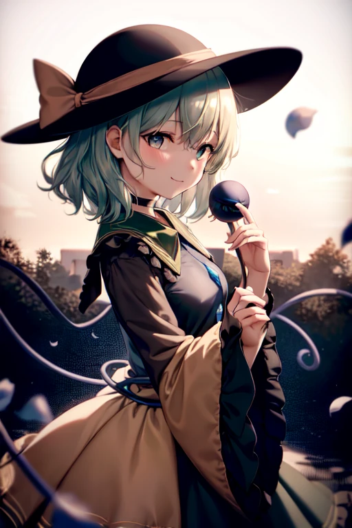 masterpiece, best quality, 1girl, solo, green eyes, komeiji koishi, hat, green hair, Nail Art, flower, blue flower, blue rose, rose, detached sleeves, short hair, bare shoulders, third eye, breasts, bow, smile, petals, dress, from side, medium breasts, looking at viewer, outdoors, black headwear, long sleeves, frills, cloud, wide sleeves, hat bow, closed mouth, choker, alternate costume, sky, black dress, white bow, blush, bangs, hair between eyes, flower field, frilled sleeves, hand up, field, strapless, eyeball, white skirt, cloudy sky, hat ribbon, ribbon, strapless dress, detached collar, adapted costume, standing, cowboy shot, upper body