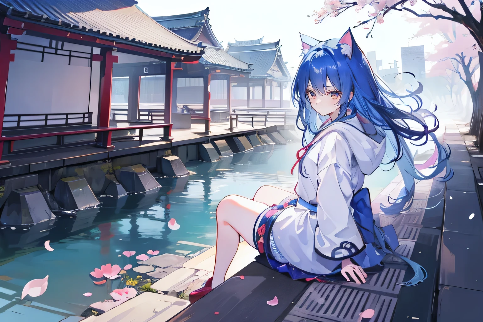 （masterpiece：1.2），Super detailed，lifelike，Expressive eyes，fair skin，perfect face shape，1 girl，
Japanese comics,Gorgeous blue hair,flowing blue hair,flowing clothes,Cat ears,Petals fall,beautiful lola,Baby Angel,
Cross your legs，Gentle and peaceful background，The pavilion is cool and comfortable,smile, wearing hoodie, background of tokyo,back views,snowing, winter.