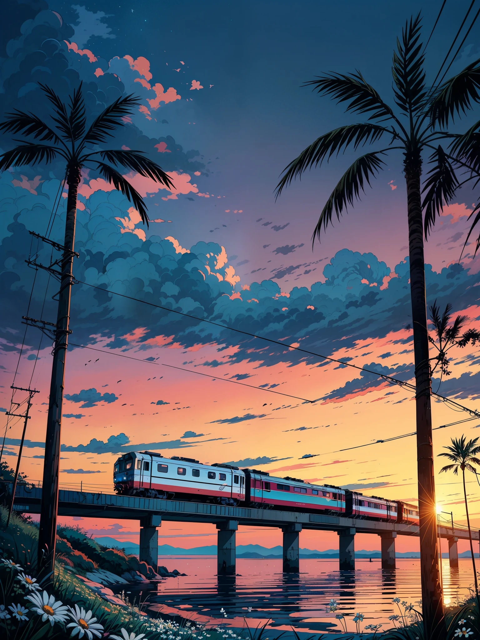 (masterpiece:1), (full anime view:1.5), (train trundles along the coastal tracks:1.6), (Lush palm trees sway in harmony:1.3), silence, (gentle lapping of waves:1.4), (white daisies growing around with long grass:1.2), magnificent sky, (Dim volumetric light:1.4), peaceful, (beautiful sky), (beautiful tones:1.5), (lofi ambience :1.4), (wires and poles: 1.4), (evening scene:1.3), (beautiful aesthetics:1.2), (scattered pink and blue sky:1.2), beautiful tones, subtle colors, peaceful, (illustration: 1.0), epic composition, realistic lighting, HD details, masterpiece, best quality, ,