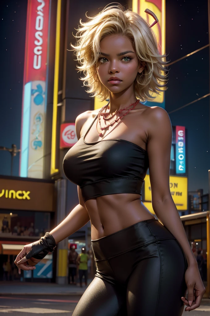 arslanaltan, 1girl, blonde hair, short hair, green eyes, dark skin, brown skin, hair ornament, t-shirt, bare shoulders, yoga pants, necklace, (Masterpiece, Best Quality, Highres:1.2), Detailed, Intricate Details, 4K, solo, cowboy shot, high rating, standing, city street, neon signs, crowd, night, stars,  closed mouth, serious look, serious expression, looking at viewer,