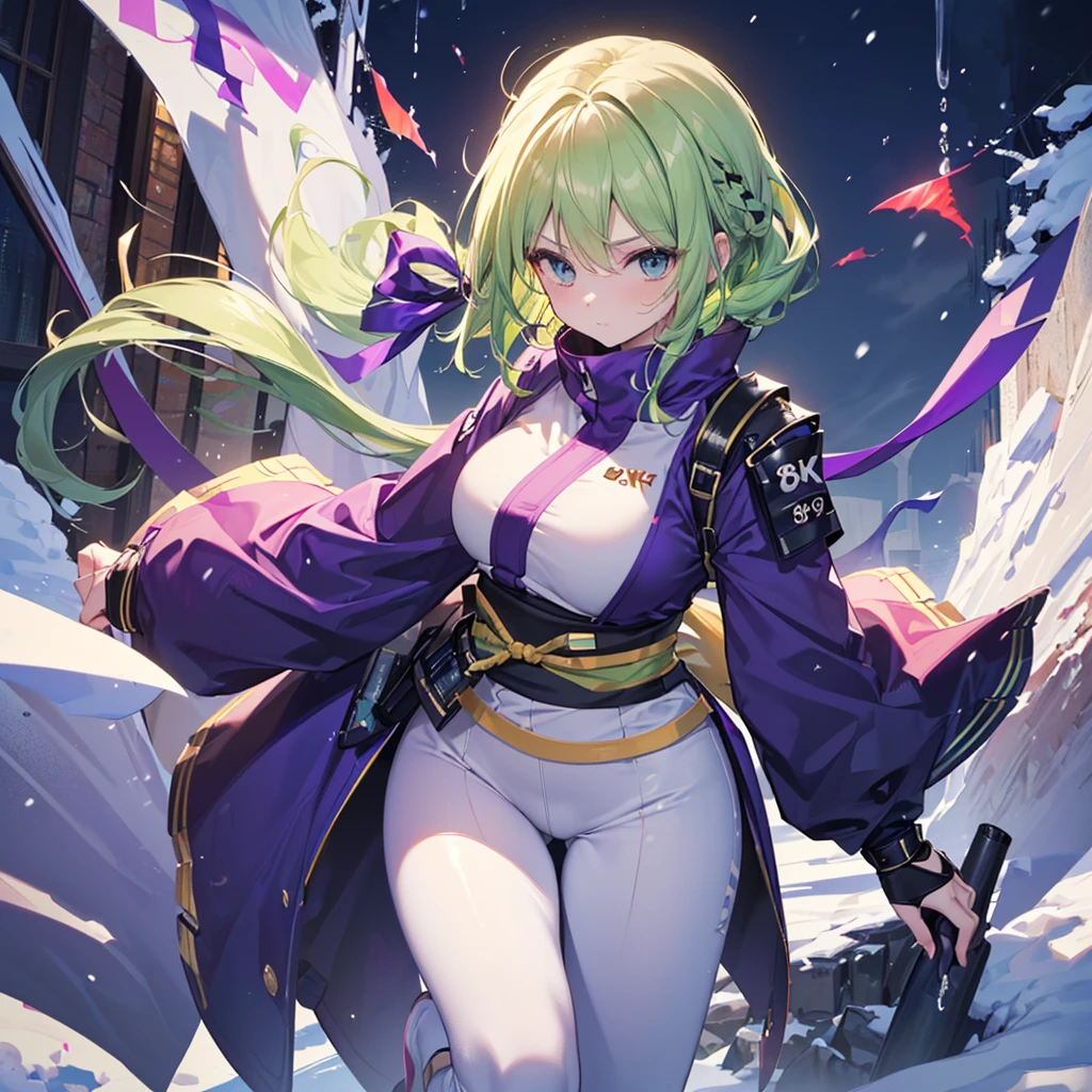 (((Best quality, 8k, Masterpiece: 1.3)), ((best quality)), ((masterpiece)), (detailed), Female ninja、Ninja、Yellow-green hair、Light purple ninja outfit、Sleeveless jacket、Purple Gauntlets、White leggings、White tabi、Snow Clogs、A wide belt is wrapped around the back to create a ribbon shape.