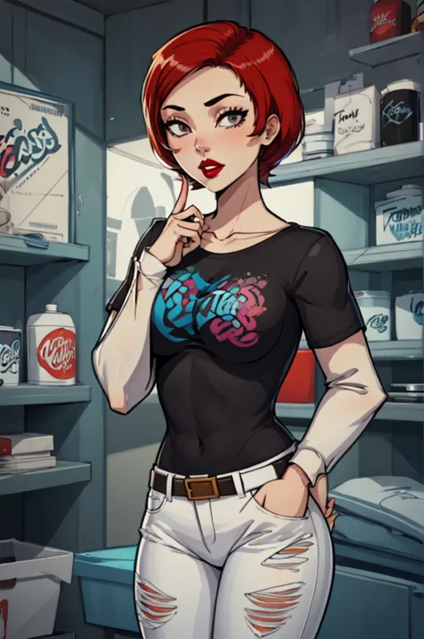 zoey_total_drama, red hair, 1girl, solo, standing, black t-shirt, white shirt, blue jeans, belt, lipstick, large breasts