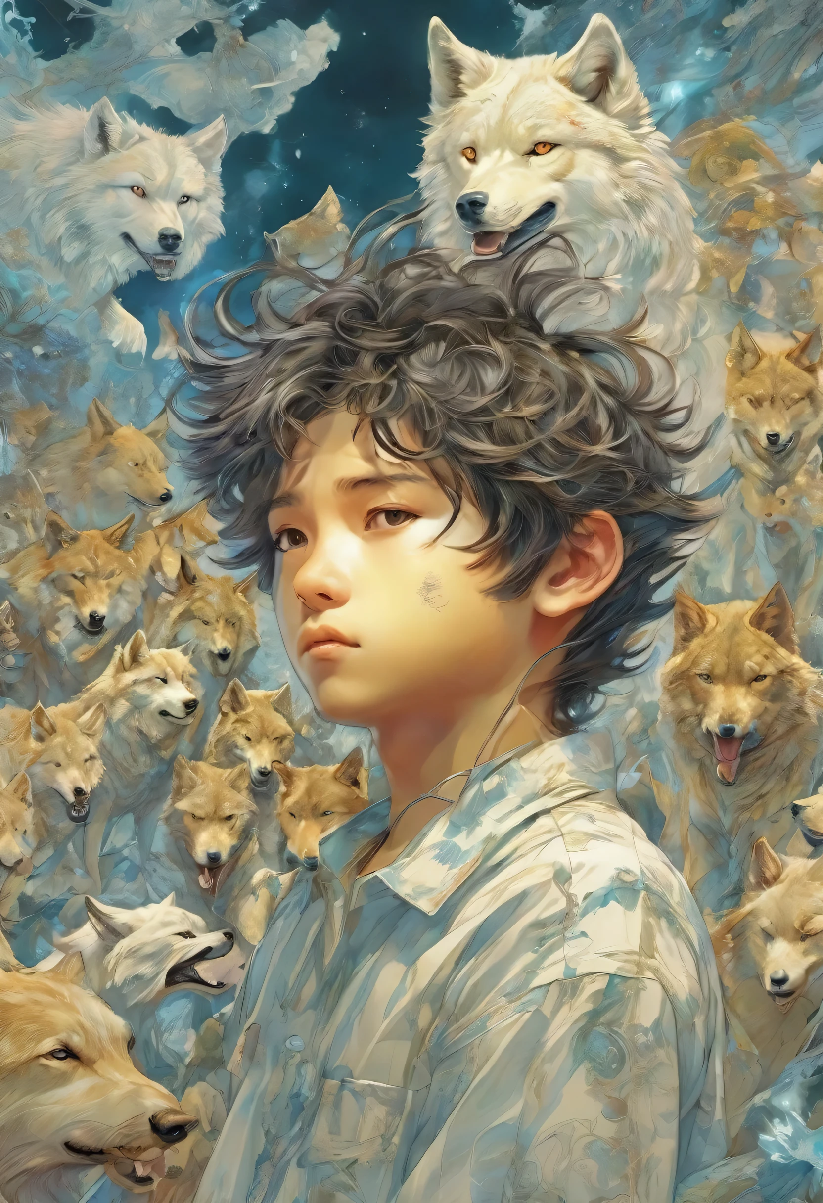  A boy protected by many wolves、Staring at the audience、Grim atmosphere、Instant Impact、Ultra high definition、Masterpiece、(Katsuya Terada Style:1.2)