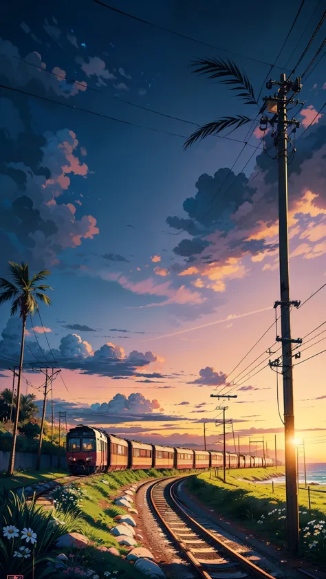 (masterpiece:1), (full anime view:1.5), (train trundles along the coastal tracks:1.6), (lush palm trees sway in harmony:1.3), si...