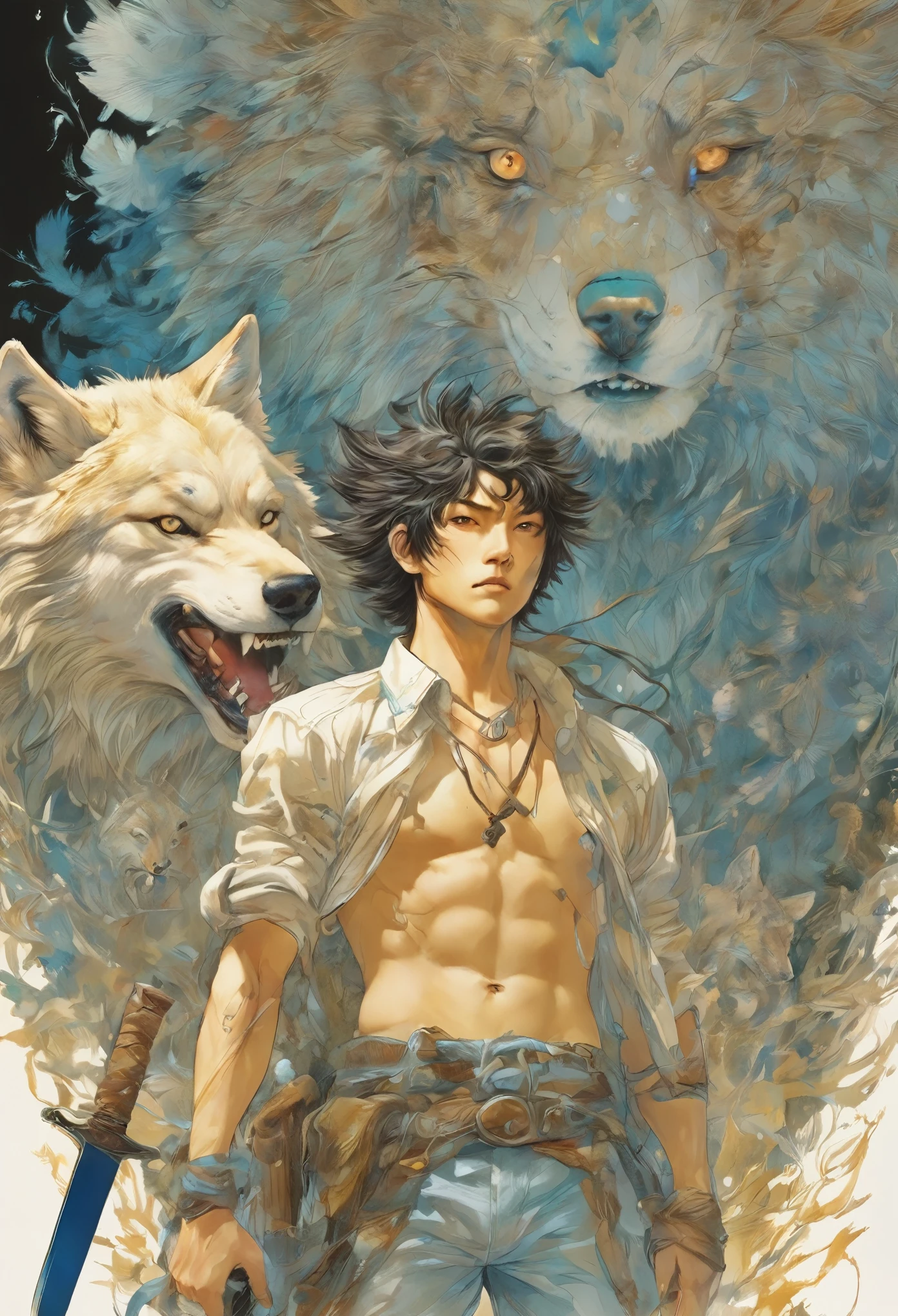  A boy who fights alongside wolves、Wild 、The Boy Raised by Wolves、Fighting with a knife、Staring at the audience、Grim atmosphere、Instant Impact、Ultra high definition、Masterpiece、(Katsuya Terada Style:1.2)