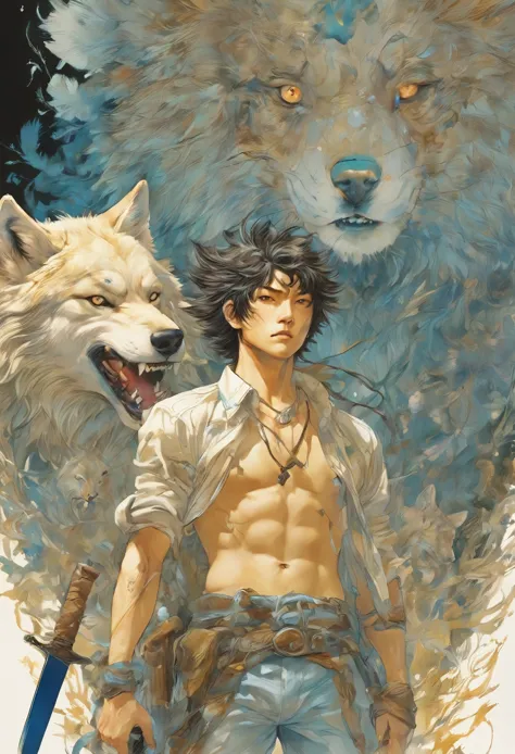  A boy who fights alongside wolves、Wild 、The Boy Raised by Wolves、Fighting with a knife、Staring at the audience、Grim atmosphere、...