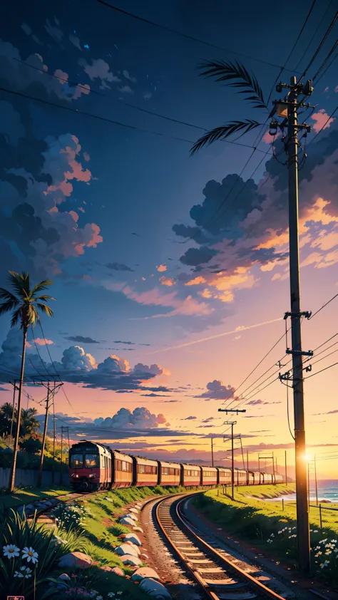 (masterpiece:1), (full anime view:1.5), (train trundles along the coastal tracks:1.6), (lush palm trees sway in harmony:1.3), si...