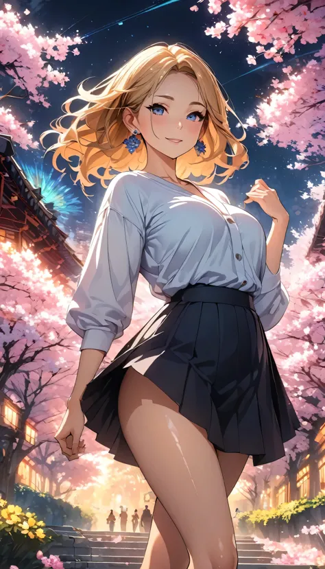 Anime Style, Ultra-fine illustrations, Very detailedな, Dynamic Angle, Beautiful details, 8k, On a Spring Night, Cherry blossom t...