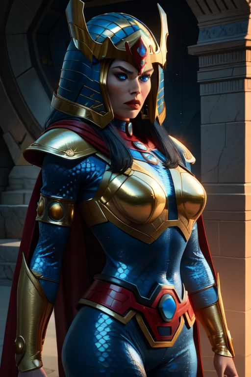 bigbarda, blue eyes, lips, 
blue and gold bodysuit, helmet,  red cape, 
solo,standing, upper body,   serious,  cowboy shot,  looking at viewer, 
island,  pillars, 
(insanely detailed, beautiful detailed face, masterpiece, best quality) cinematic lighting,
 