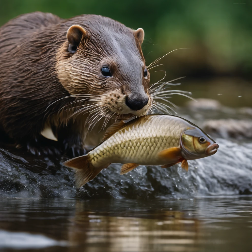 SIGMA 85 mm F/1.4,1/1000 sec shutter,ISO 400,solo,1otter\(wet,caught a large fish by mouth,dive into a river\), BREAK ,background\(under the beautiful river,strong fast river flow\), BREAK ,quality\(8k,wallpaper of extremely detailed CG unit, ​masterpiece,hight resolution,top-quality,top-quality real texture skin,hyper realisitic,increase the resolution,RAW photos,best qualtiy,highly detailed,the wallpaper,cinematic lighting,ray trace,golden ratio\),golden hour,dynamic angle,motion blur,award-winning