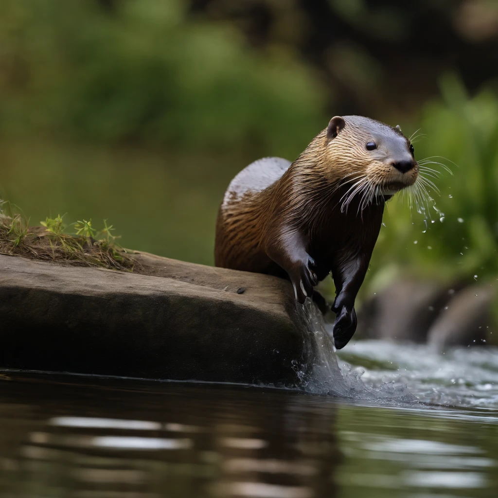SIGMA 85 mm F/1.4,1/1000 sec shutter,ISO 400,solo,1otter\(wet,caught a large fish by mouth,dive into a river\), BREAK ,background\(under the beautiful river,strong fast river flow\), BREAK ,quality\(8k,wallpaper of extremely detailed CG unit, ​masterpiece,hight resolution,top-quality,top-quality real texture skin,hyper realisitic,increase the resolution,RAW photos,best qualtiy,highly detailed,the wallpaper,cinematic lighting,ray trace,golden ratio\),golden hour,dynamic angle,motion blur,award-winning