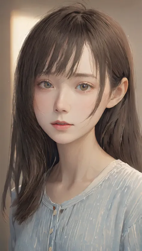 girl staring at camera, lots of details, detailed drawing, shape, cg, milky skin, soft and gentle skin, realism, middle between ...