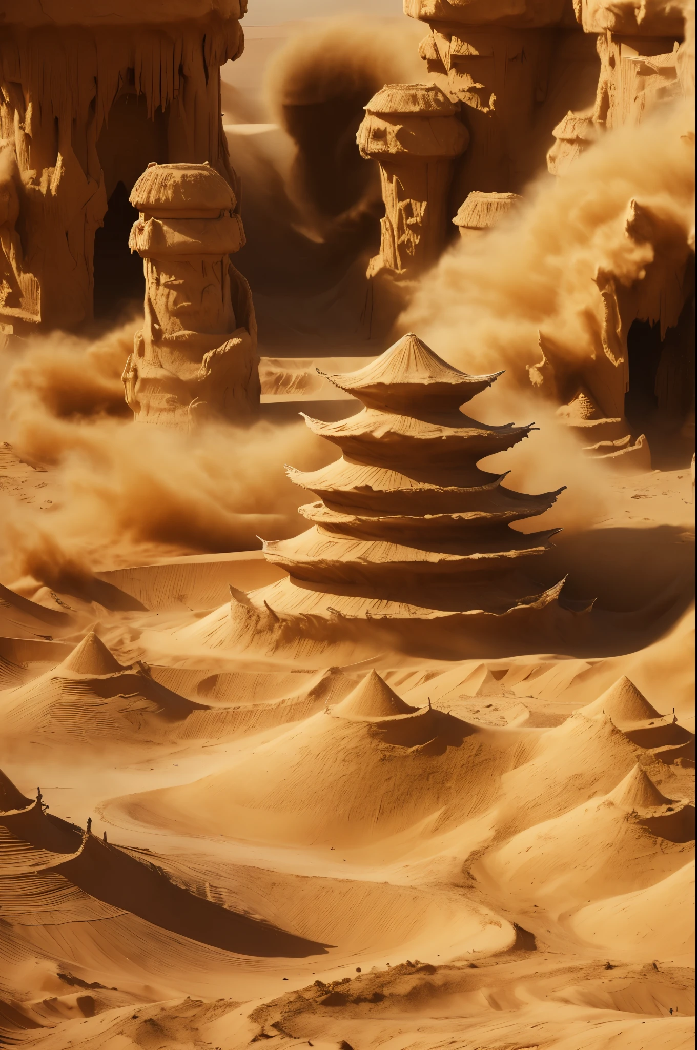 masterpiece, best quality, extremely detailed, hyperrealistic, photorealistic, gigantic sand tornado, a gigantic funnel-like indentation in the ground surface, strong wind, a tall sand barrier, a lot of sharp spikes, pillars of sand, sand aura, sand transformation, sand manipulation
