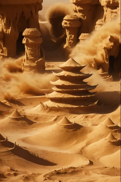 masterpiece, best quality, extremely detailed, hyperrealistic, photorealistic, gigantic sand tornado, a gigantic funnel-like ind...