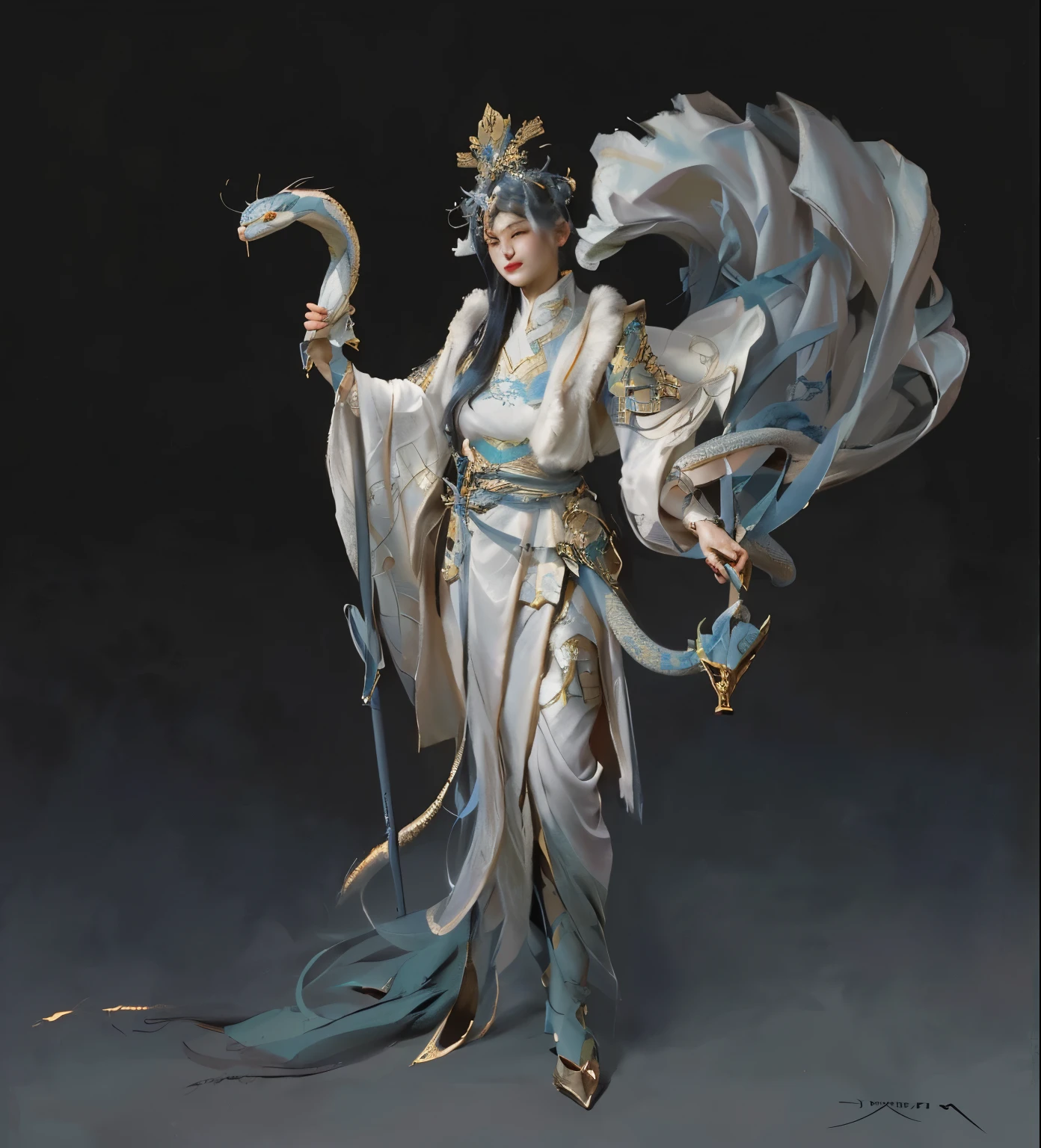 Close-up：A woman in costume holding a snake staff, feng zhu concept art, Beautiful full body concept art, Epic and beautiful character art, fantasy concept art, Joao Street, concept art 2022, ( ( Character Concept Art ) ), full body xianxia, author：Yang Jie, author Shen Zhou, yun ling, Final fantasy art concept