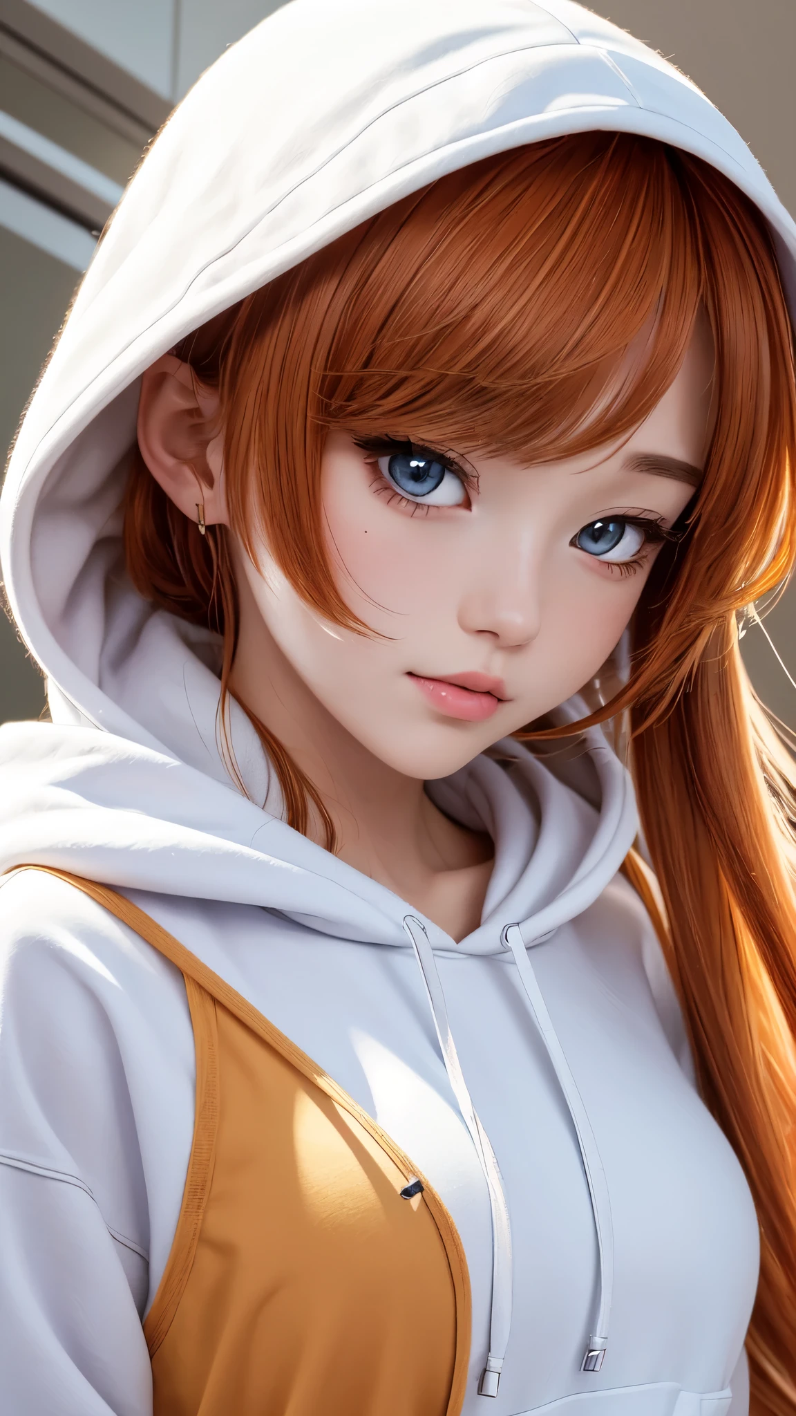 qualidade máxima, obra de arte, Alta resolução, 8K, Menina com capuz e estilo anime, Uma garota, arte de linha detalhada, Estilo branco brilhante e âmbar brilhante, aprimoramento digital, fechar-se, Anime Core, Tecido fluido