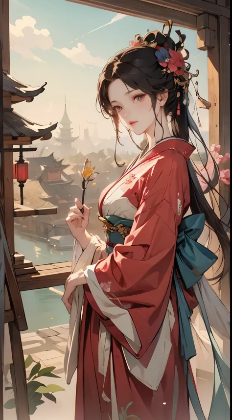 Painting of a woman in a kimono dress with flowers, Alphonse Mucha und Rossdraws, art nouveaux, grosse magenta pfingstrosen, a g...