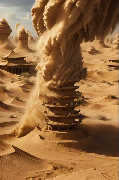 masterpiece, best quality, extremely detailed, hyperrealistic, photorealistic, gigantic sand tornado, a gigantic funnel-like ind...