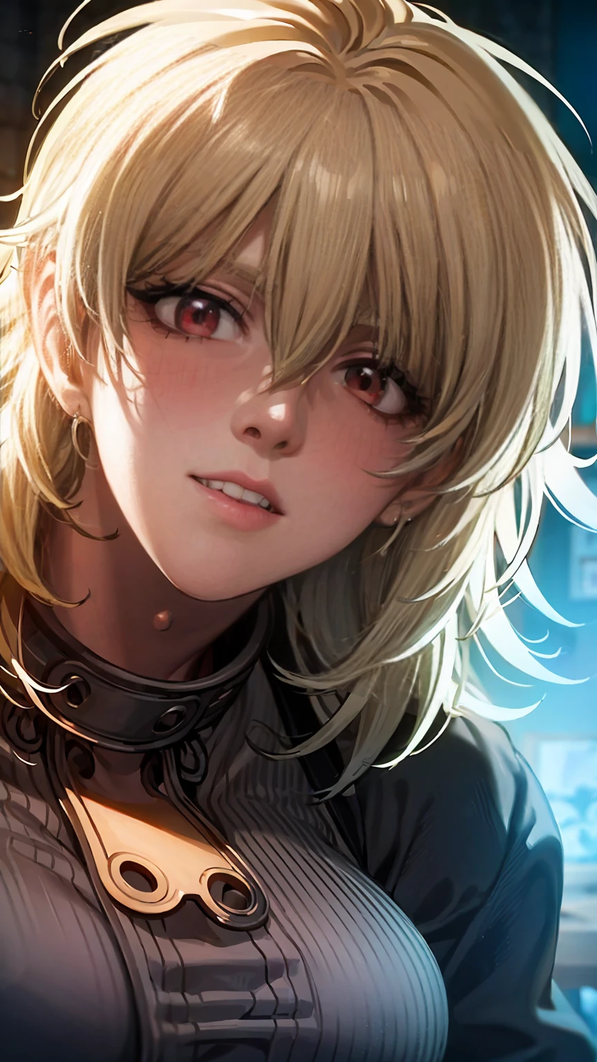 Seras Victoria,detailed face,vampire,handsome face,vampire fangs,red eyes,intense stare,smooth skin,pale complexion,flowing hair,perfectly arched eyebrows,sculpted cheekbones,masterpiece:1.2,ultra-detailed,photorealistic,vivid colors,dark and moody lighting"