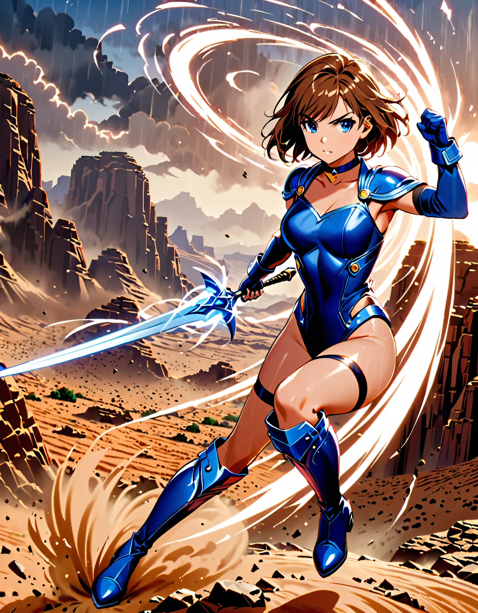 1girl, superhero, blue choker, blue eyes, blue footwear, blue gloves, boots, leotard, midriff, long sleeves, medium breasts, brown hair, knee boots, short hair, bob hair, solo, determined, full body, desert backdrop, sandstorm, college-age female. raised arms. She spins at an incredible speed, creating a whirlwind of air around her. She rotates her body in place at super speed. She spins fast in place like a tornado. Cyclone spinning. Rapid gyration. Tornado winds around her. She super-spins. Spiral lines around her body. Curved sword slash.