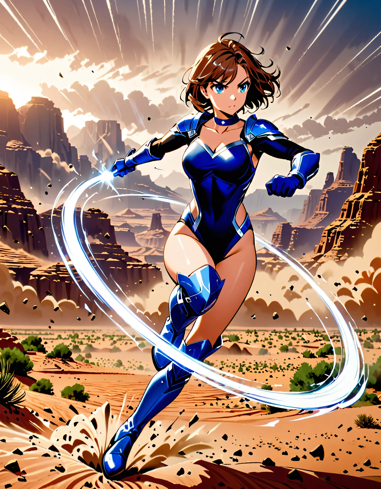 1girl, superhero, blue choker, blue eyes, blue footwear, blue gloves, boots, (leotard, midriff, long sleeves), medium breasts, brown hair, knee boots, short hair, bob hair, solo, determined, full body, desert backdrop, sandstorm, college-age female. raised arms. She spins at an incredible speed, creating a whirlwind of air around her. She rotates her body in place at super speed. She spins fast in place like a tornado. Cyclone spinning. Rapid gyration. Tornado winds around her. She super-spins. Spiral lines around her body. Curved sword slash.