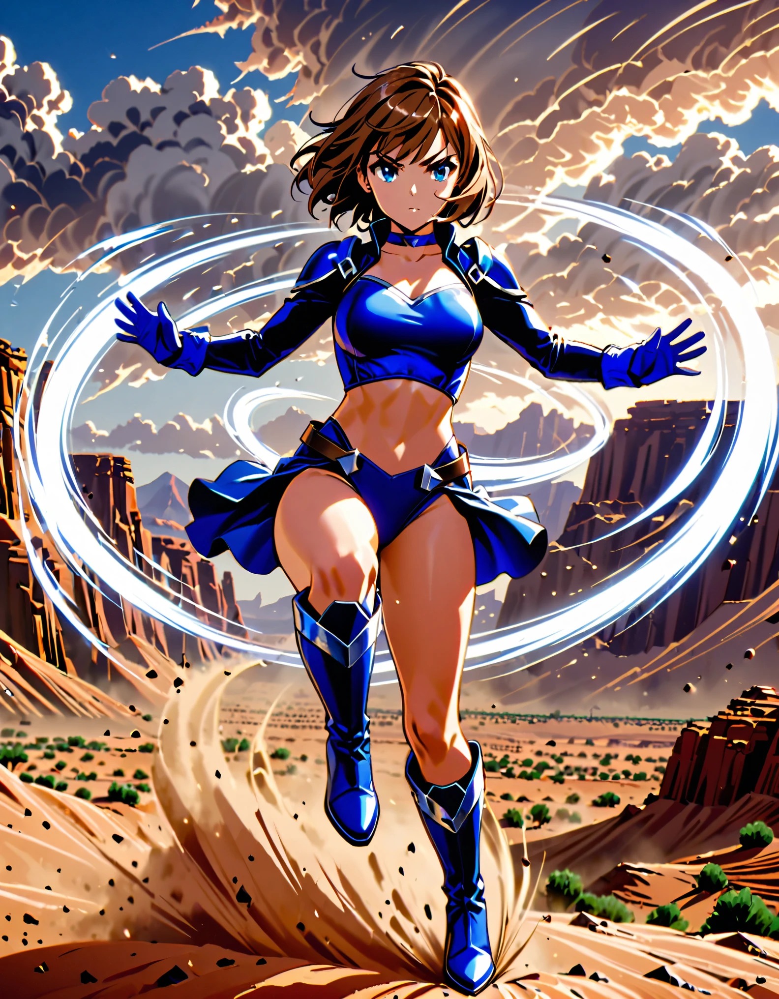 1girl, superhero, blue choker, blue eyes, blue footwear, blue gloves, boots, (leotard, midriff, long sleeves), medium breasts, brown hair, knee boots, short hair, bob hair, solo, determined, full body, desert backdrop, sandstorm, college-age female. raised arms. She spins at an incredible speed, creating a whirlwind of air around her. She rotates her body in place at super speed. She spins fast in place like a tornado. Cyclone spinning. Rapid gyration. Tornado winds around her. She super-spins. Spiral lines around her body. Curved sword slash.