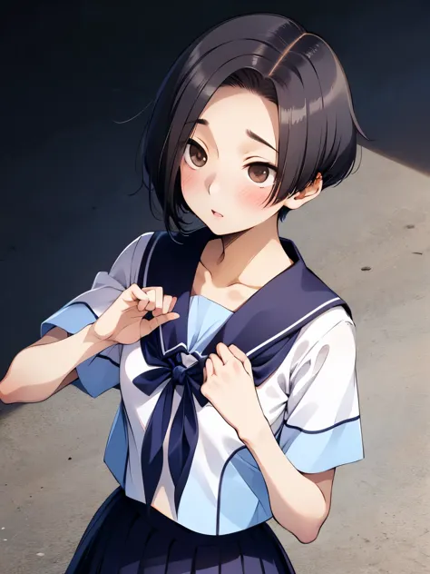 nsfw,aarinko、short hair、black hair、bobcut、serafuku、sailor collar、blue neckerchief、white shirt、short sleeve、pleated skirt、blue sk...