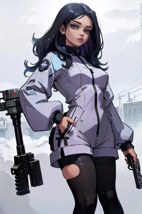 very beautiful young female twin in futuristic jumpsuit with a revolver in each hands in shooting position