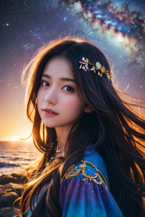 high quality, 最high quality, Tabletop, Detailed portrait of a woman 1 Girl, Long Hair, (floating, space, Milky Way, colorful), W...
