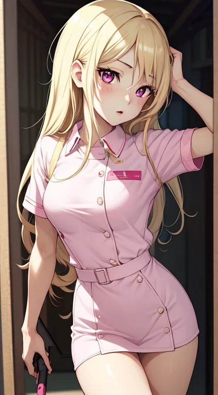 anime, Beautiful Face, Highly detailed face, two exact legs, Pink fine eyes, Highly detailed background, Perfect lighting, Accurate weapons, Accurate needle, Accurate Fingers, Blonde, whole body, One girl, alone, Hoshino Ruby, oshi no ko, In the nurse&#39;s office, Absurd, High resolution, Super sharp, 8k, masterpiece, View your viewers, (whole body:1.4), Teasing Smile, Cleavage, Pink detail nurse uniform, Sexy nurse uniform, Pencil Skirt, Nurse equipment, Nurse hat, Detailed thighs, pantyhose, Heel, Sexy pose, Ass View, View from behind, Looking over your shoulder