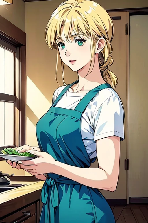 highest quality、((Line art))、Mother with short blonde hair、((Full-body portrait of a 40-year-old woman))、Enjoying cooking a meal、She is wearing a navy blue apron over a white dress.、((Her medium length blonde hair is tied back.))、Jade green eyes、Adult red lips、The nape is exposed、Back view of a woman making stew in the kitchen、Anatomically correct appearance、Biologically Correct Appearance、