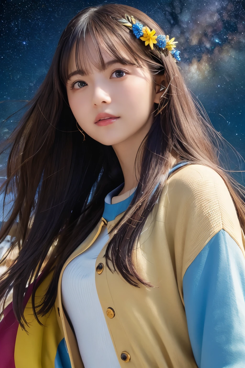 high quality, 最high quality, Tabletop, Detailed portrait of a woman 1 Girl, Long Hair, (floating, space, Milky Way, colorful), Warm lighting, goddess, Milky Way, scenery, colorful hair wreath, {{{最high quality}}}, {{Very detailed}}, {figure}, Movie angle, {Detailed light},Cinema Lighting, Celestial, Dynamic pose