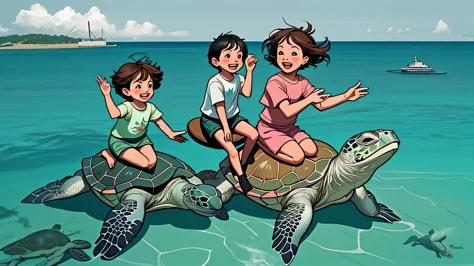 Happy children ride on real sea turtles in the sea. Children&#39;s illustration style, minimalism