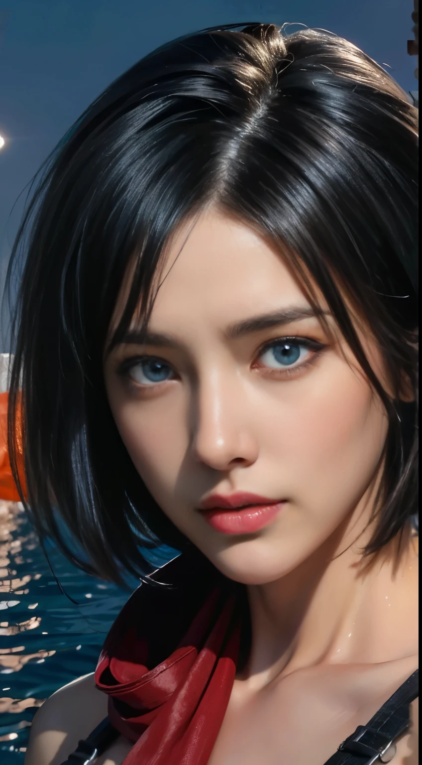 8K, Top Quality, Intricate Details, Ultra Detail, Ultra High Resolution, Masterpiece, random angle, mikasa ackerman,   Slender, Smile, (Makeup: 0.4), (Fluffy Blue Eyes: 1.21), blue Eyes,, ((full body)), 1girl, solo, 1 girl, (( full body)),  close-up shot,  , , ((tall)), (((fit body))), (((slim face))), sharp face, sharp eyes, (((black hair,  short hair, bangs ))  ,(detailed face), sharp face, small lips, thin lips, 
 ((red scarf, crop top, thigh strap)),  detailed face, detailed breast, , large breast, detail, , Beautiful girl with accentuated slender abs: 1.4, Six Pack Abs: 1.4, Bust Botox, Big, Perfect Body, detail leg, (( moonlight)), ocean
