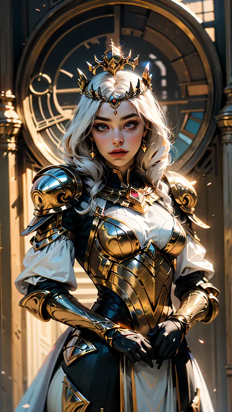 A woman adorned in fantasy-style full-body armor, a crown-concept fully enclosed helmet that unveils only her eyes, a composite ...