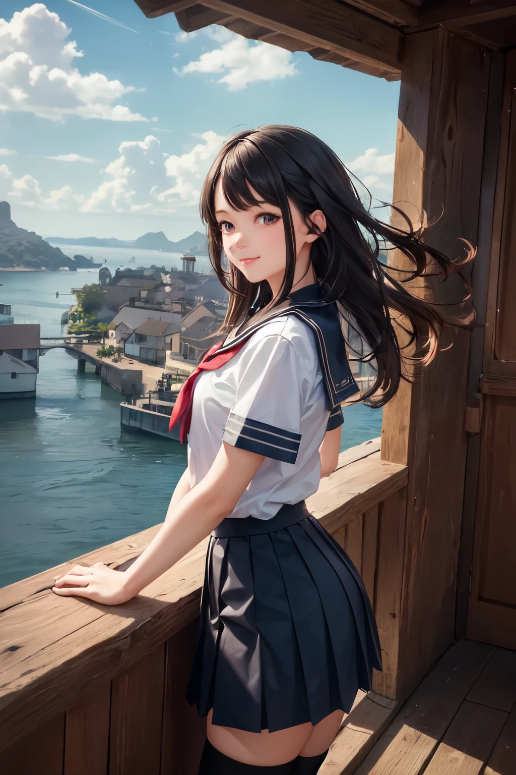 very cute and beautiful school girl viewing sea on hilltop,(highly detailed beautiful face and eyes),
(smile:1.2),cowboy shot,(sailor ,pleated navy blue mini skirt),black hair,zettai ryouiki,
(looking at sea,from top of hill),many houses with red roof,detailed landscape,
(best quality,masterpiece),absurdres,highres,ultra-detailed,extremely detailed,32k,8k resolution,
intricate details,cinematic scene,detailed background,solo,dynamic angle,
natural lighting,hair fluttering in the wind,beautiful detailed sky,