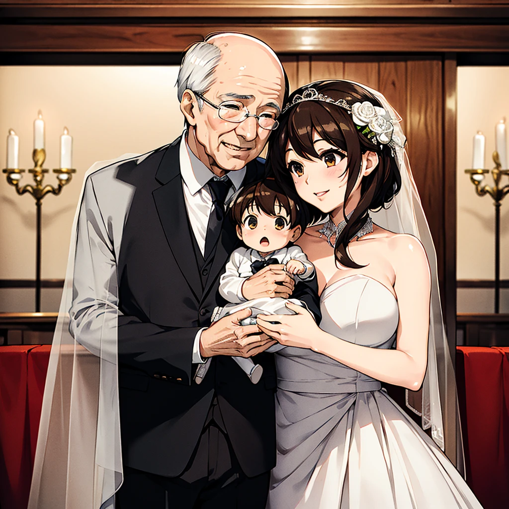 ((la plus haute qualité)), ((chef-d&#39;œuvre)), (détaillé), （visage parfait）、La femme est Haruhi Suzumiya, avec des cheveux bruns courts et l'épouse d'un homme de 70 ans.、（La femme tient un bébé, portant un magnifique, une robe de mariée blanche étincelante et un voile de mariée, une magnifique bague de fiançailles et de magnifiques bijoux, et célèbre un mariage avec un homme de 70 ans vêtu d'un smoking blanc et d'une cravate blanche, les bras l'un autour de l'autre.）、（La femme se blottit contre l'homme de 70 ans）、L'homme a 70 ans et se tient près de la femme lors d'un mariage.