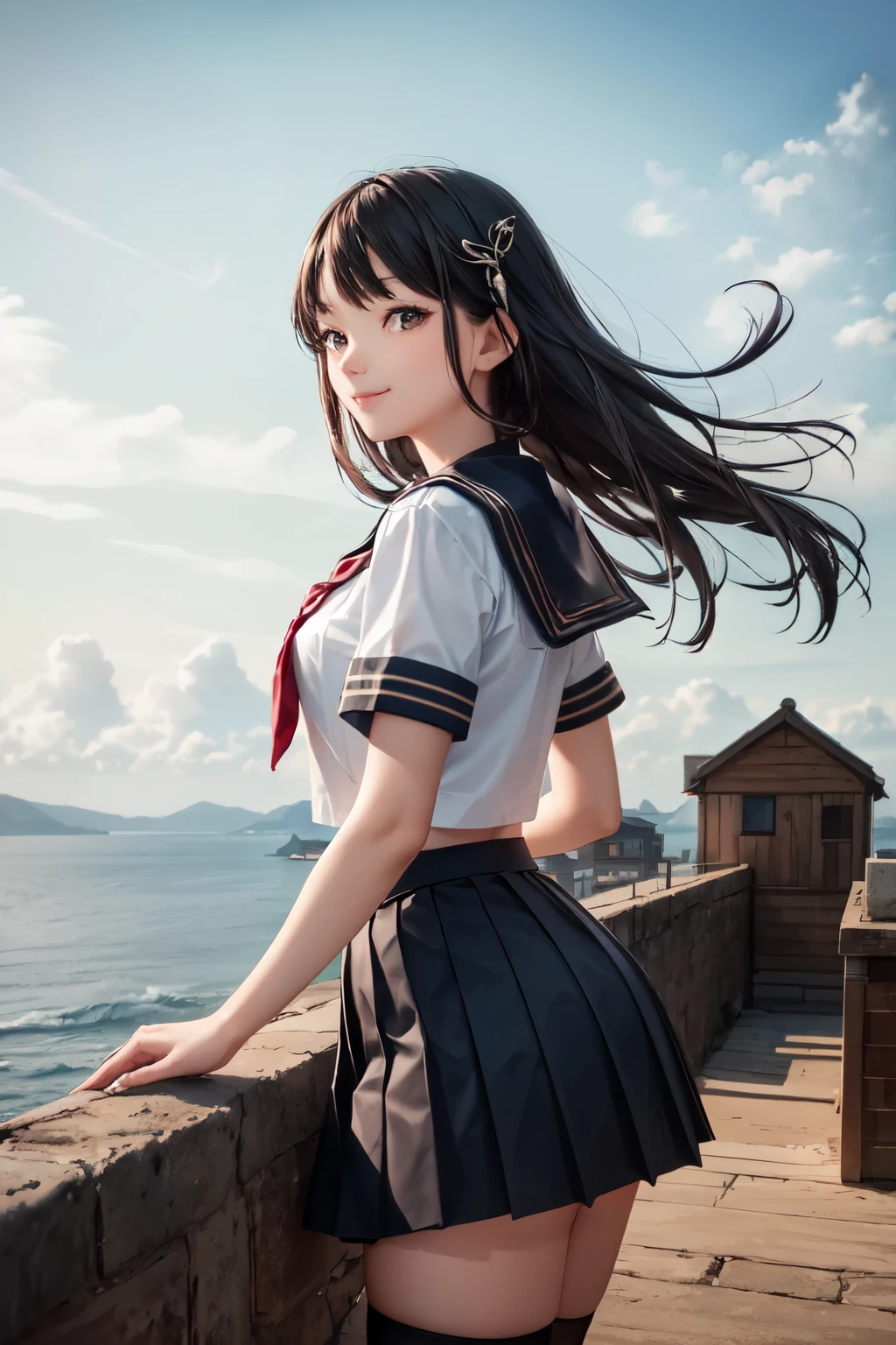 very cute and beautiful school girl viewing sea on hilltop,(highly detailed beautiful face and eyes),
(smile:1.2),cowboy shot,(sailor ,pleated navy blue mini skirt),black hair,zettai ryouiki,
(looking at sea,from top of hill),many houses with red roof,detailed landscape,
(best quality,masterpiece),absurdres,highres,ultra-detailed,extremely detailed,32k,8k resolution,
intricate details,cinematic scene,detailed background,solo,dynamic angle,
natural lighting,hair fluttering in the wind,beautiful detailed sky,