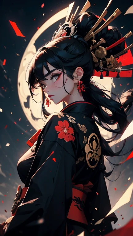 Asian geisha in black samurai kimono, Long black hair