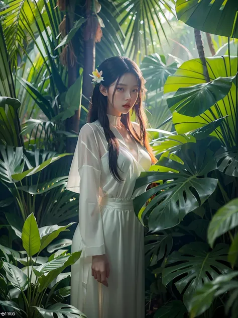 there are two people standing in a jungle with plants, artwork in the style of guweiz, inspired by Yanjun Cheng, in a tropical f...