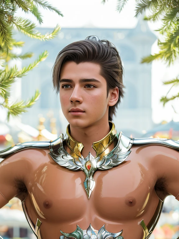 masterpiece of photorealism, photorealistic highly detailed 8k photography, best hyperrealistic quality, volumetric lighting and shadows, young man in pegasus saint_armor, shaggy hair green, Historic Market Squares, Creative Use of Reflections in Water