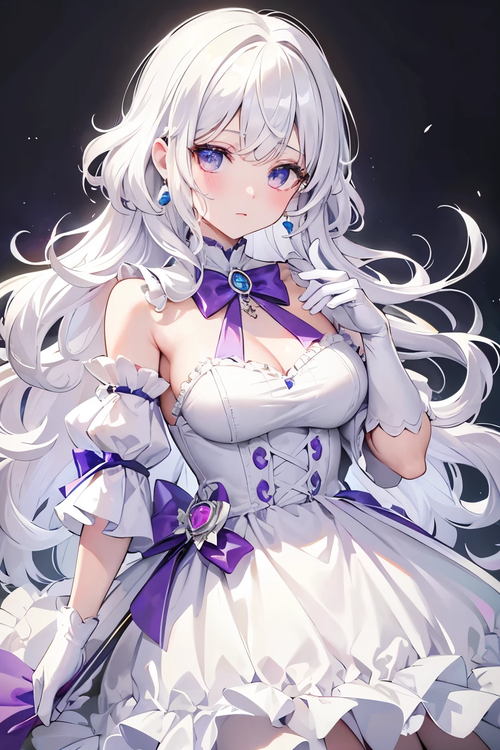 white hair, curly hair, expressive hair, hair bow, crystal earrings, Pop art, cowboy shot, ((masterpiece)), textured skin, (super detail), high details, best quality, noble, ((princess)), (luxurious dress), exposed shoulders, silk gloves, colorful flowers