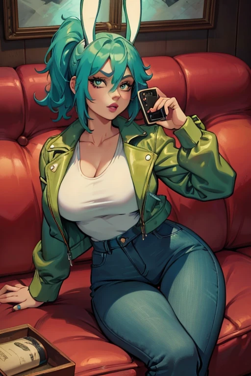 A light teal haired woman with one red eye and one green eye with an hourglass figure with light teal bunny ears wearing a leather jacket and jeans is playing with her phone on the couch