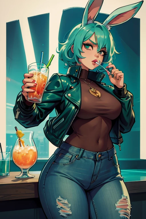 A light teal haired woman with one red eye and one green eye with an hourglass figure with light teal bunny ears wearing a leather jacket and jeans is drinking soda on the couh